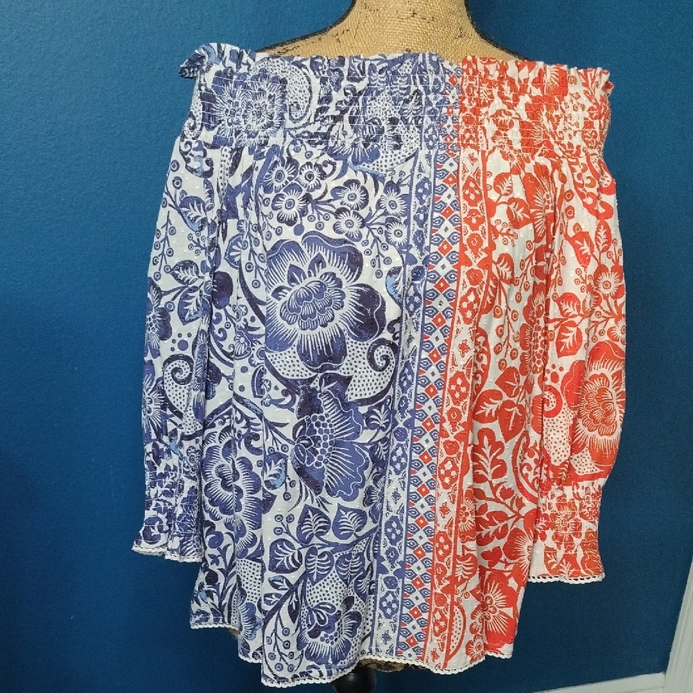 Chico's Blue and White Oversize Asymmetrical Off Shoulder 3/4 Sleeve Blouse